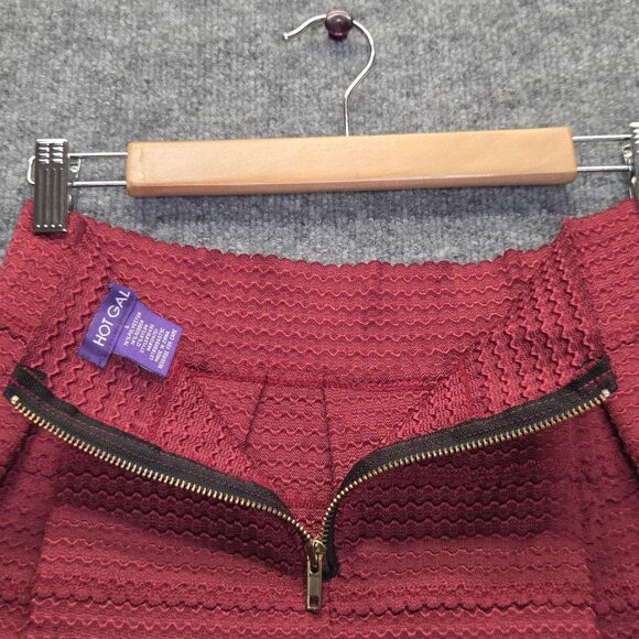 HOT GAL Skirt Womens Large Burgundy Textured Pleated A-Line Skater Exposed Zip - Picture 2 of 5